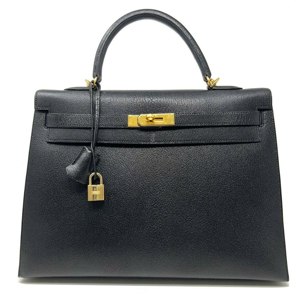 HERMES Kelly 35 Chevre de Coromandel Black Goatskin Leather Handbag